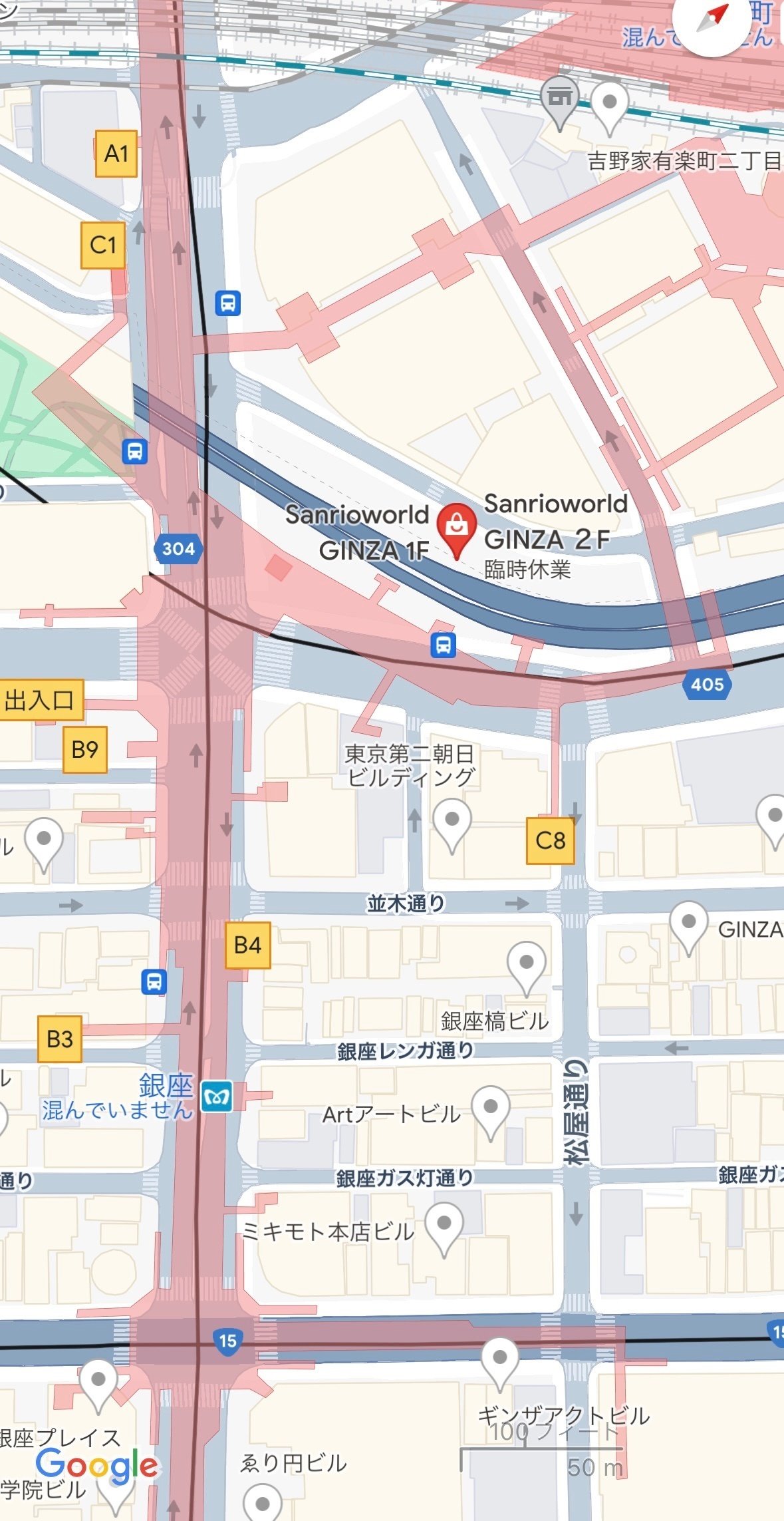 銀座バス停の場所(Googleマップ)