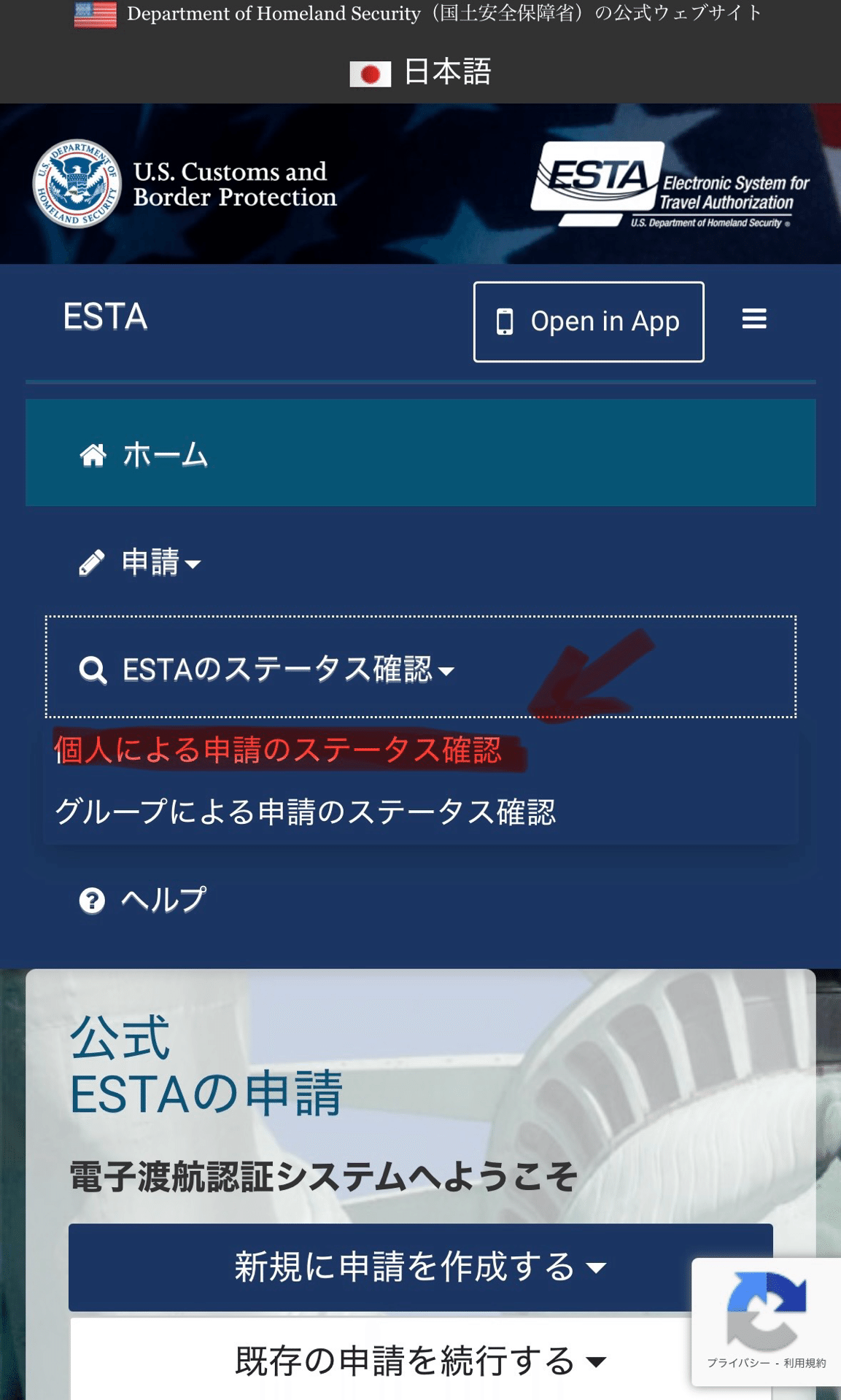 ステータス確認の種類選択画面:個人による申請のステータス確認を選ぶ